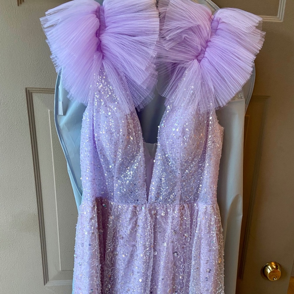 Floor length, beaded, tulle shoulder formal prom gown